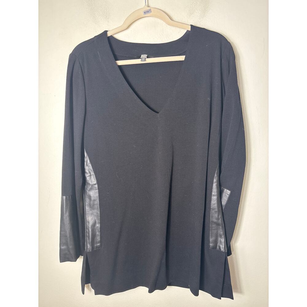 Saks 5th Ave Black Faux Leather Patched Long Sleeve Shirt Sz 12